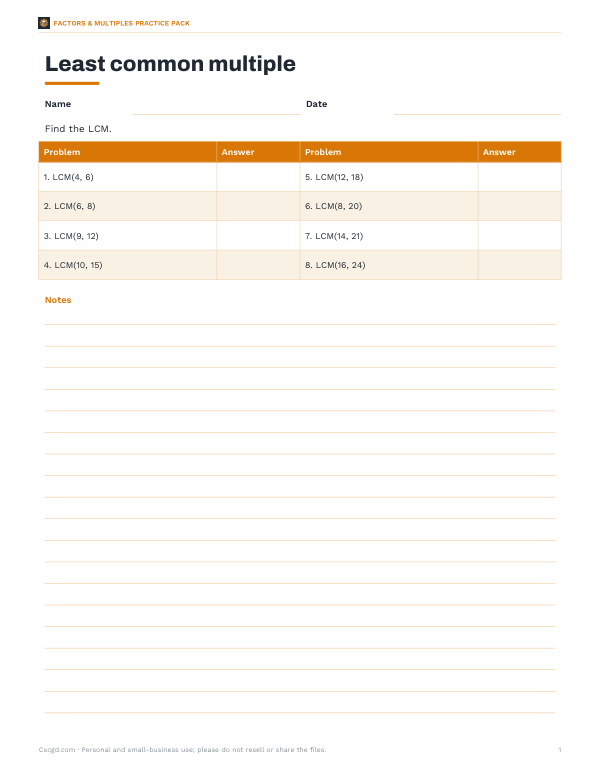 Preview of Printable LCM Practice Worksheet